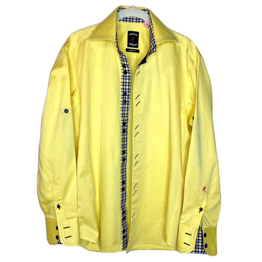 Absolute Rebellion Yellow Dress Shirt Slim Fit Top Stitch Size Small